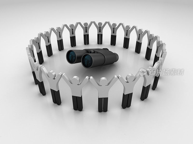 象形文字团队与双筒望远镜- 3D渲染